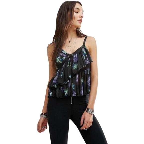 Free People Tops - Free People Melborne Ruffle Floral Black Tank Top w/ Scallops - Small